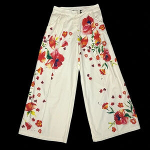 IVKO Women's Cream Floral Print Wide Leg Pant. Sz: 38 EU/ 8 US